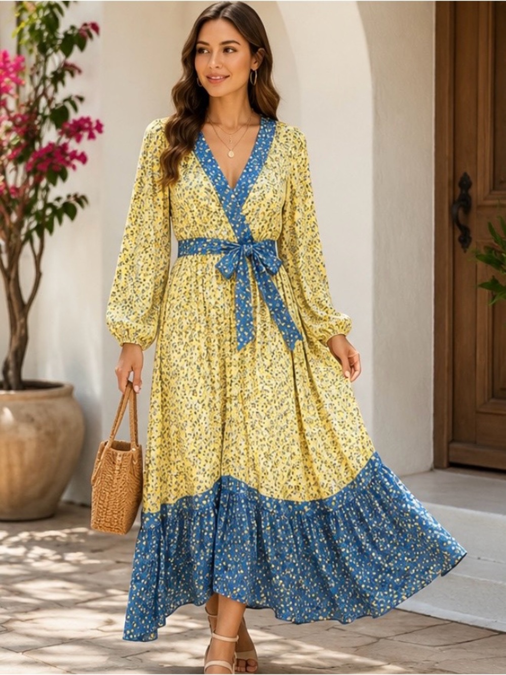Tahari Floral Maxi Dress Size Small Yellow Blue Long Sleeve Cottagecore